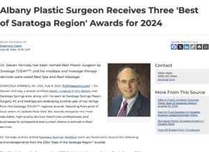 Dr. Steven Yarinsky awarded 2024 regional accolades by Saratoga TODAY™ for Best Plastic Surgeon, Best Spa, and Best Massage.